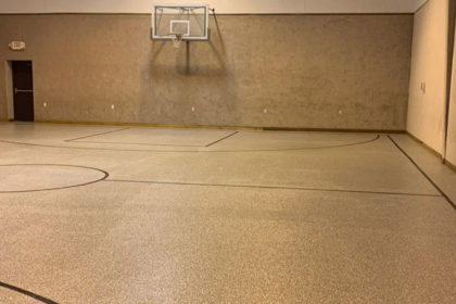 Epoxy flake flooring on West Virginia church basketball court